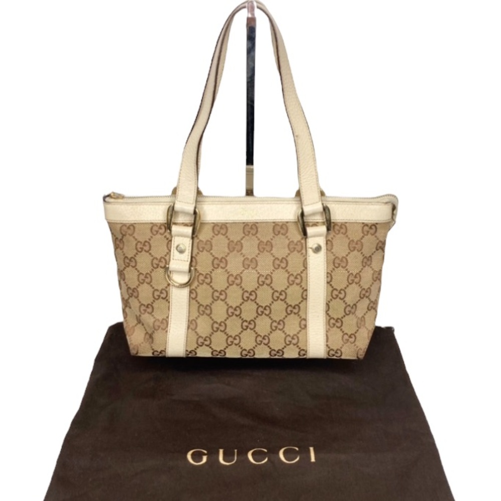 Authentic GUCCI Abbey Tote Tan GG Canvas & Beige Cream Leather